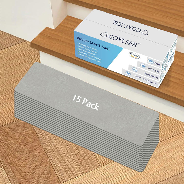 Rubber Stair Treads Pads Non-Slip, 15Pcs Step Mats Stairway Grips Strips Rug, Grey Reusable Staircase Step Carpet Treads Cover for Wooden Stairs