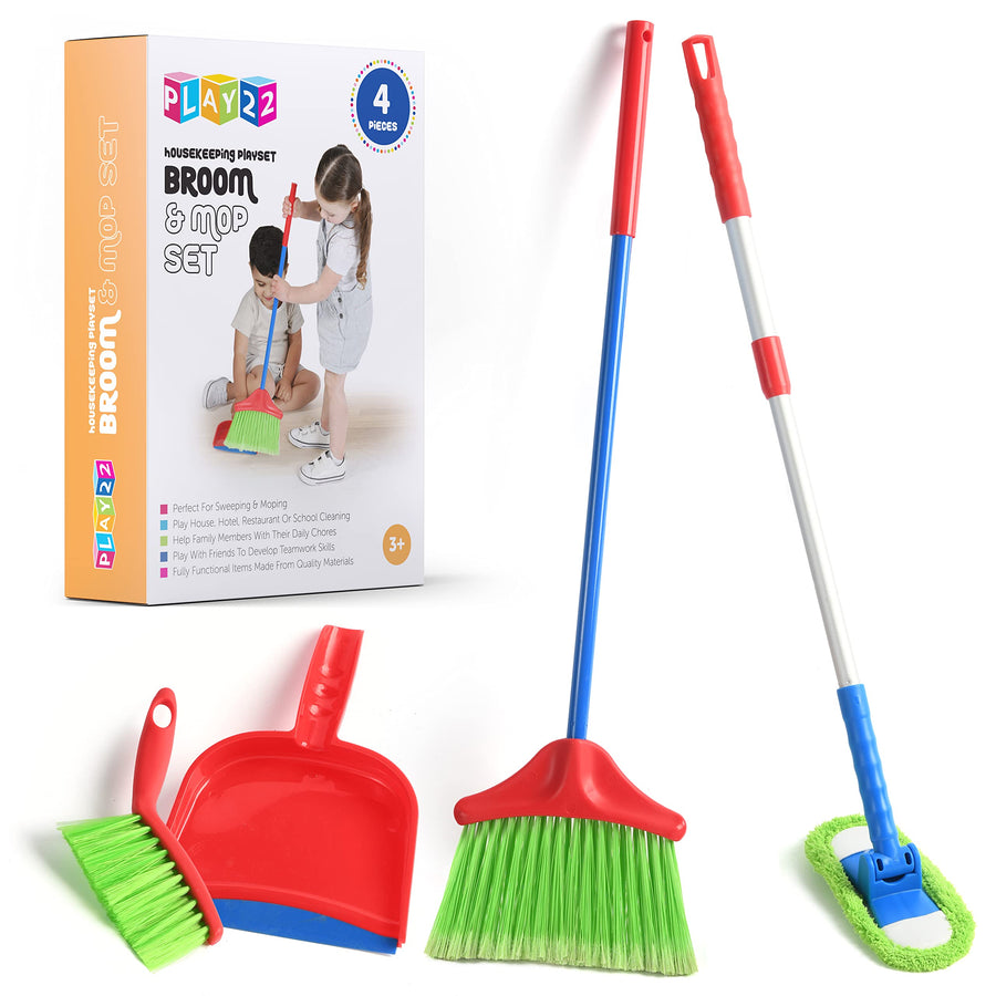 Kids Cleaning Set 4 Piece - Toy Cleaning Set Includes Broom, Mop, Brush, Dust Pan - Toy Kitchen Toddler Cleaning Set is A Great Toy Gift for Boys & Girls