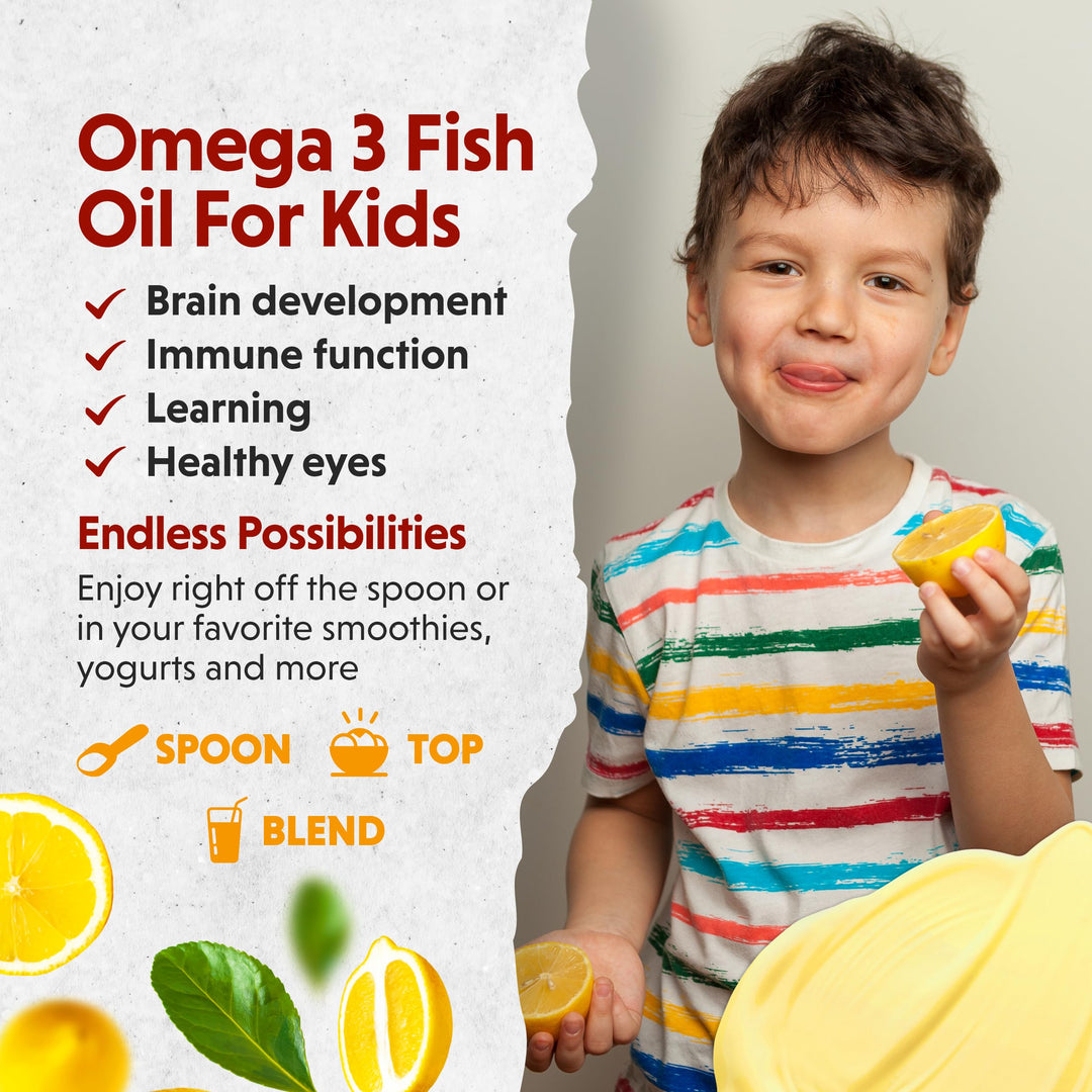 Barlean&#39;s Omega Pals Chirpin&#39; Slurpin&#39; Omega 3 for Kids, Yummy Lemonade Flavored Children&#39;s Liquid Fish Oil Supplement with 540 mg of EPA and DHA for Brain and Eye Health, 8 oz