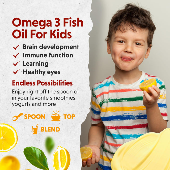 Barlean&#39;s Omega Pals Chirpin&#39; Slurpin&#39; Omega 3 for Kids, Yummy Lemonade Flavored Children&#39;s Liquid Fish Oil Supplement with 540 mg of EPA and DHA for Brain and Eye Health, 8 oz