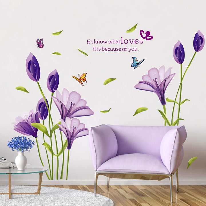 RW-7244 Removable 3D Purple Lily Flowers Wall Decals Floral Butterflies Wall Stickers Peel and Stick DIY Wall Art Decor for Kids Girls Baby Bedroom Nursery Living Room TV Wall Home Decoration