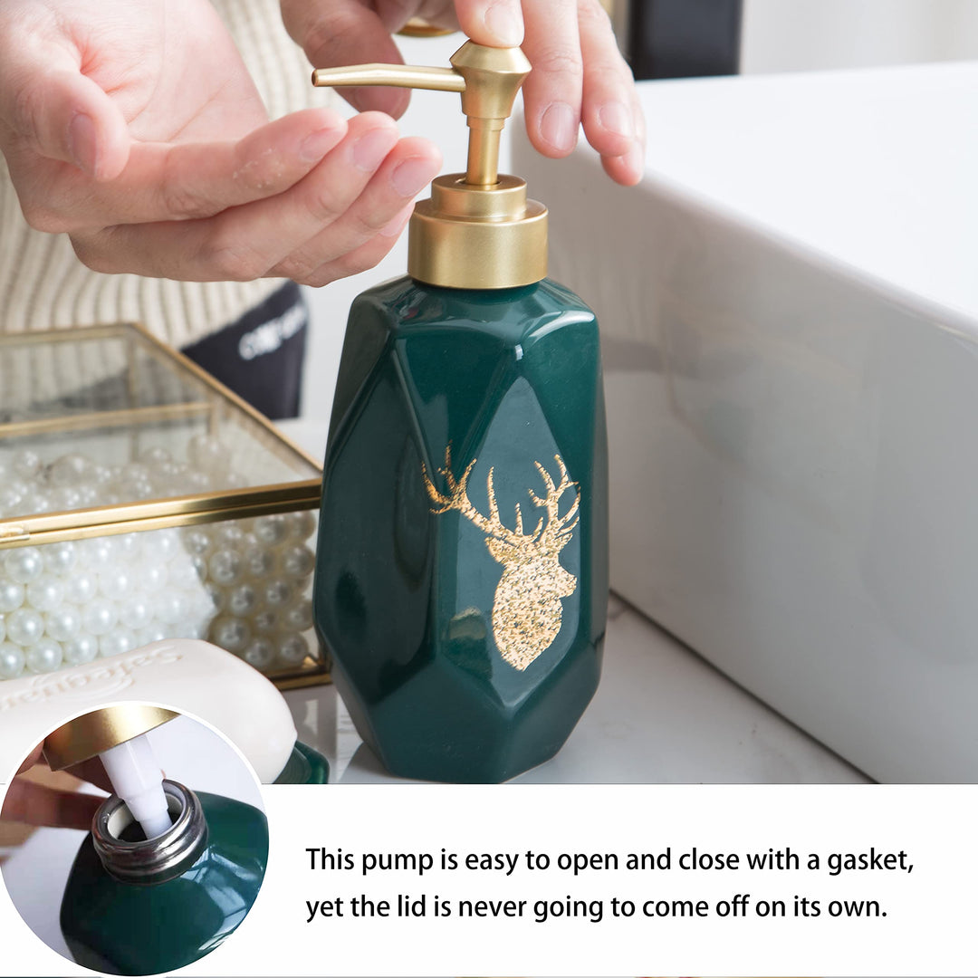 5 Pieces Ceramic Bathroom Accessories Set, Bathroom Vanity Countertop Accessory Set, Include Soap Dispenser, Toothbrush Holder, 2 Tumbler, Soap Dish, Color: Hunter Dark Green…