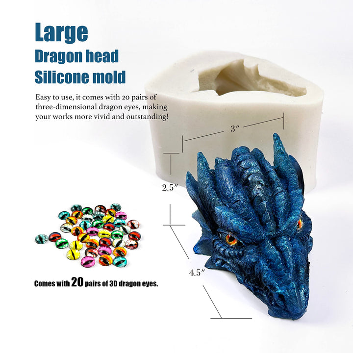 Dragon Head Mold Resin 3D Large Dragon Silicone Molds for Epoxy Resin, Fondant Cake Decorating, Soap, Candle, Concret, Cement, Polymer Clay (with 20 Pairs Dragon Eyes)