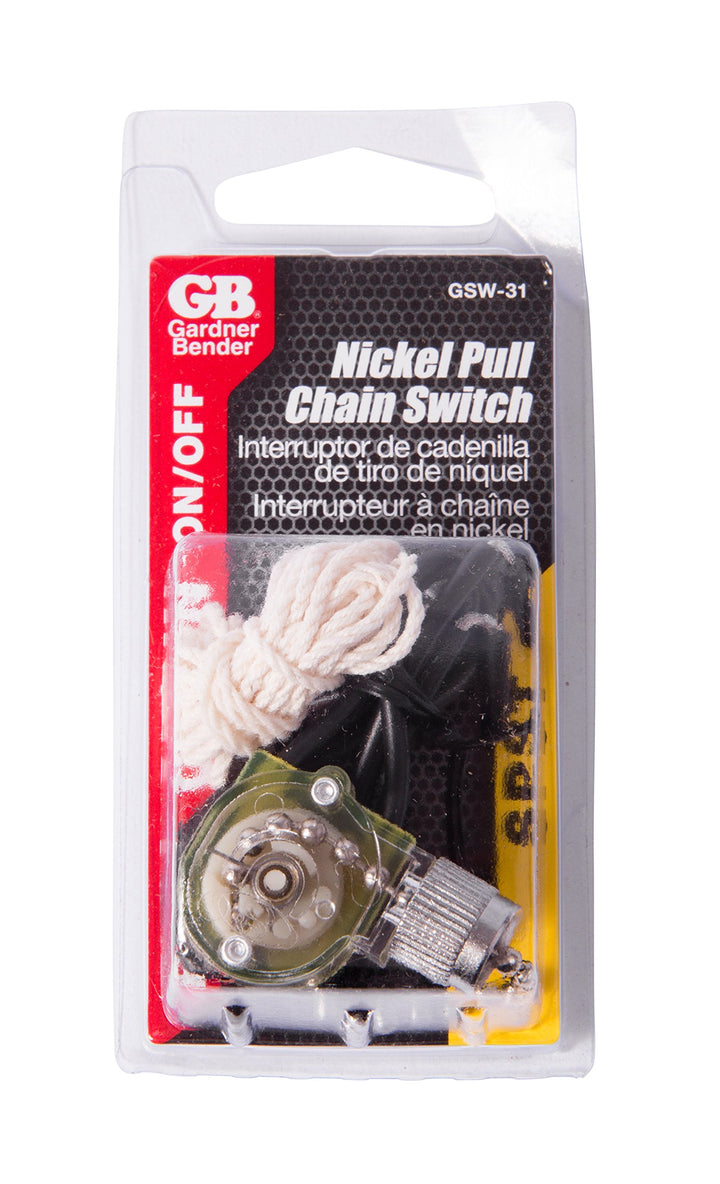 GSW-31 Electrical Pull Chain Switch, SPST, ON-OFF, 6 A/125V AC, 6 inch Wire Terminal, Nickel