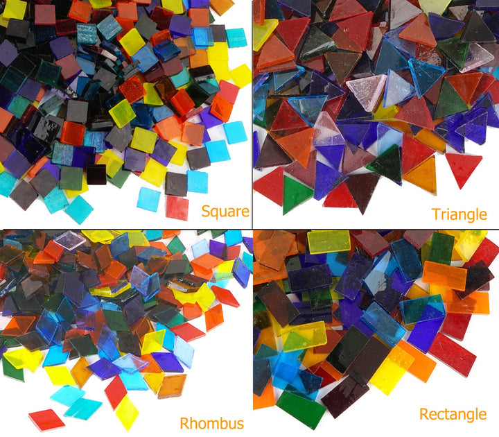 1600 Pieces Transparent Cathedral Glass Mosaic Tiles Pieces for Arts and Crafts Mixed Color Stained Glass Pieces, 4 Shapes Mixed
