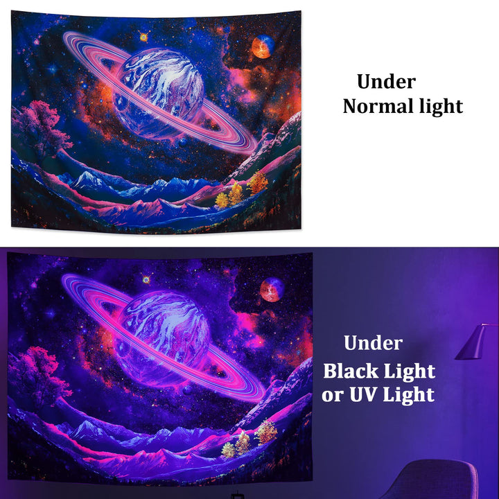 Blacklight Tapestry UV Reactive Planet Tapestry Galaxy Space Tapestry Trippy Mountain Tapestry Starry Sky Tapestry Wall Hanging for Home Decor(51.2x59.1)