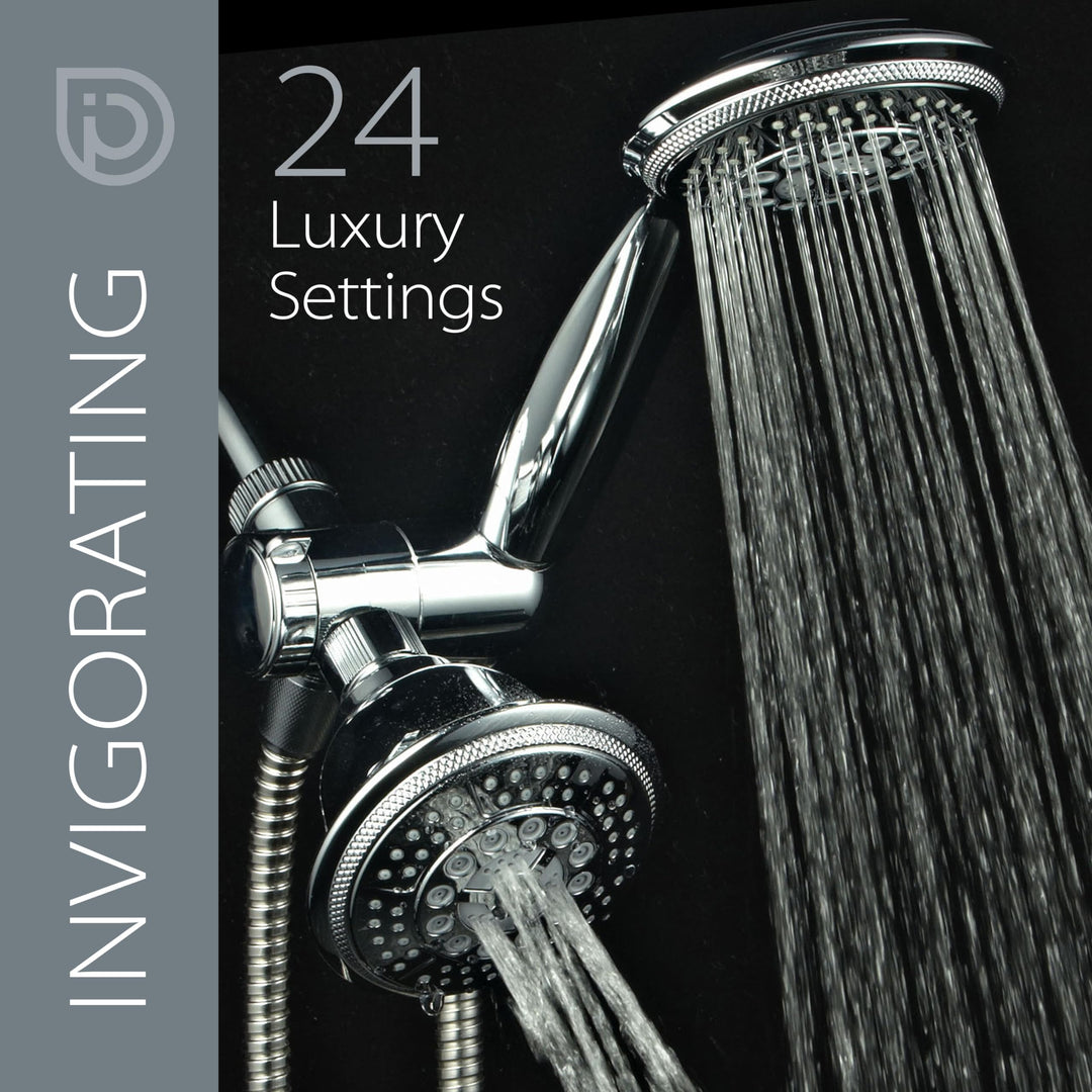 1433 Handheld Showerhead &amp; Rain Shower Combo. High Pressure 24 Function 4 Face Dual 2 in 1 Shower Head System with Stainless Steel Hose, Patented 3-way Water Diverter in All-Chrome Finish