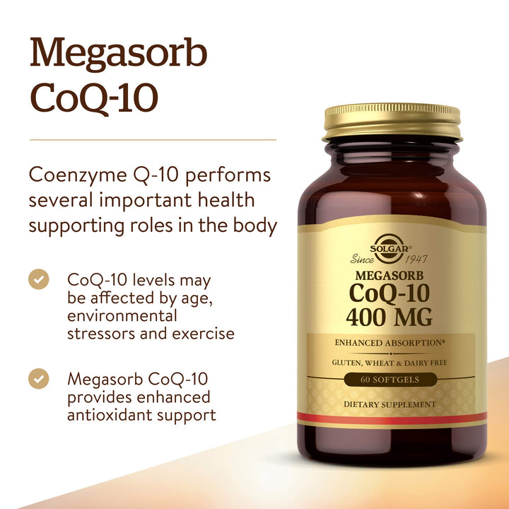 Solgar Megasorb CoQ-10 400 mg, 60 Softgels - Supports Heart &amp; Brain Function - Coenzyme Q10 Supplement - Enhanced Absorption - Gluten Free, Dairy Free - 60 Servings