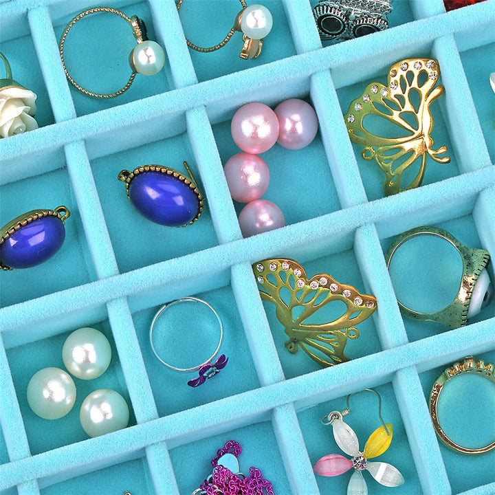 24 Grid Velvet Glass Jewelry Box Jewellery Organiser Earring Ring Storage Holder Case Box (Sky Blue)