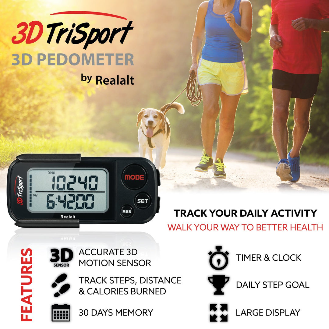 3DTriSport Walking 3D Pedometer with Clip and Strap, Free eBook | 30 Days Memory, Accurate Step Counter, Walking Distance Miles/Km, Calorie Counter (Stealth Black, 3 L x 1.3 W x 0.4 H)