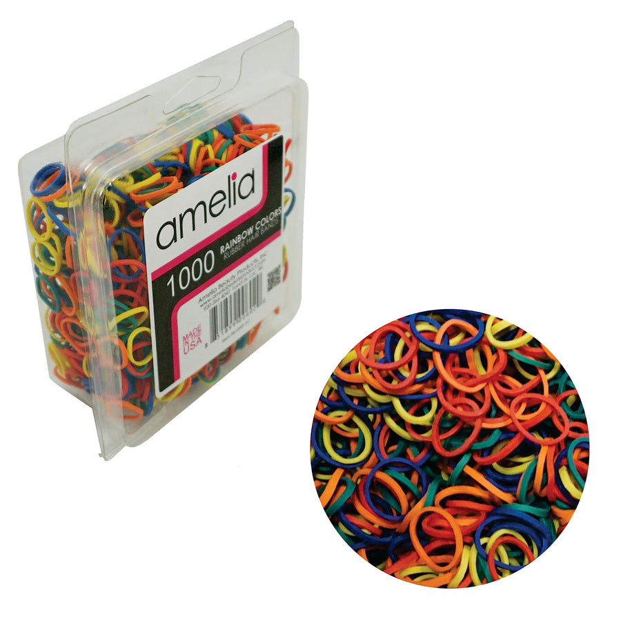 1000 Count Rubber Bands in Re-closable Container for Ponytails and Braids (Rainbow Mix)