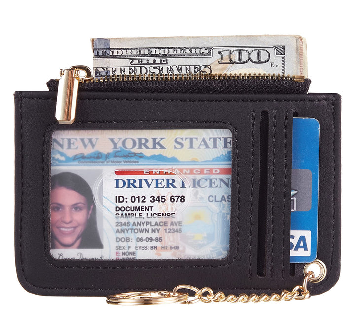 Womens Keychain Wallet Slim Front Pocket Minimalist RFID Blocking Credit Card Coin Change Holder Purse Wallet (Black Smooth)