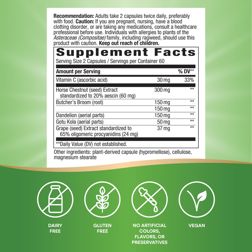 Leg Veins, Supports Healthy Leg Vein Strength*, 6-Herb Blend, With Horse Chestnut Extract, Dandelion, Gluten Free, 120 Vegan Capsules (Packaging May Vary)