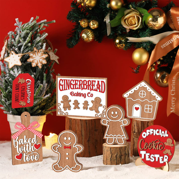 12 Pcs Christmas Tiered Tray Decorations Set Christmas Wooden Signs Tiered Tray Decor Xmas Gingerbread Man Snowflakes Pink Gnome Sign Rustic Farmhouse Decor for Home Table Shelf(Santa)