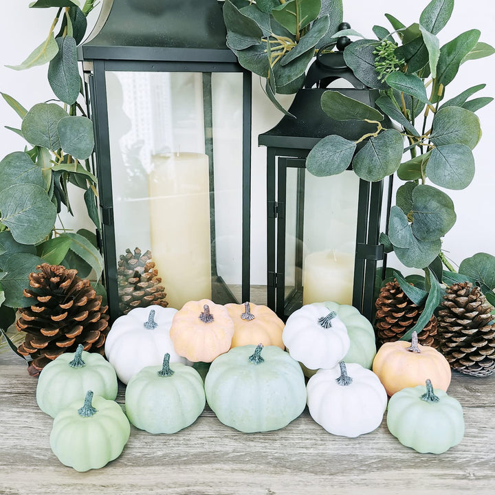 12 Pcs Assorted Small Frosted Artificial Pumpkins Foam Pumpkins Rustic Harvest Decorative Pumpkins in White Orange Green Fall Thanksgiving Halloween Decor