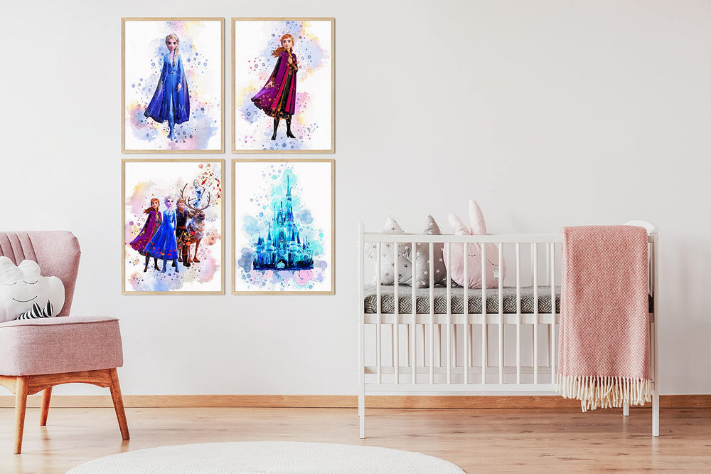 Frozen Bedroom Decor For Girls, Anna Olaf Kristoff Elsa Party Decorations - Frozen Wall Art Decor Prints - Frozen Watercolor Poster - Frozen Birthday Party Supplies ( 8x10 UNFRAMED )
