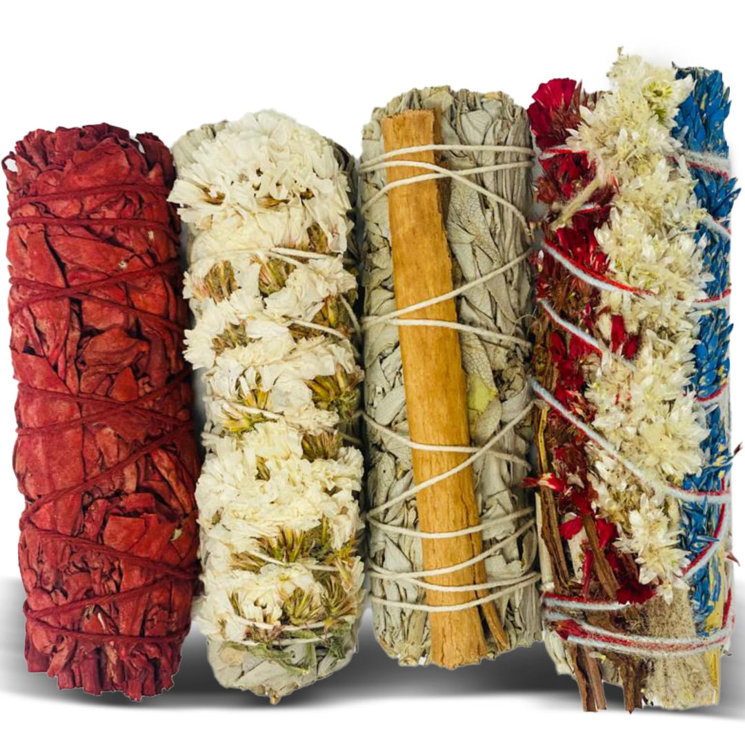 Bholi Sage Plus Sage Smudge Kit for Cleansing Negative Energy and Cleansing Home Sinuata, Dragon Blood, Cinnamon and Triple Flower Dried - 4&#39;&#39; Long Pack of 4 White California Sage Sticks