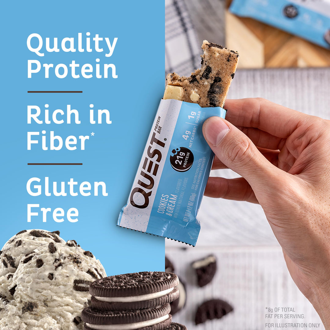 Cookies &amp; Cream Protein Bars, 21g Protein, 1g Sugar, 4g Net Carb, Gluten Free, Keto Friendly, 12 Count
