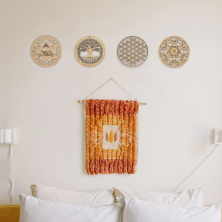5.31 Sacred Geometry Wall Art 4 PCS Set, (The Eye of Horus, The Flower of Life, The Tree of Life, Metatron&#39;s Cube) Crystal Grid Meditation Chakra Wooden Wall Art Yoga Decor Spiritual Gifts