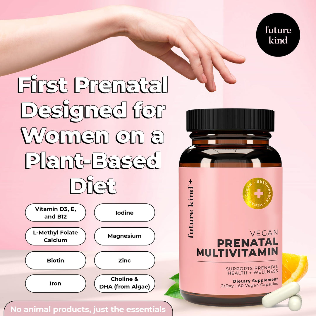 Vegan Prenatal Vitamin with DHA &amp; L-Methylfolate in Glass Bottle - Prenatal Folate Supplement for Women with Vitamin D &amp; E, Iron &amp; Biotin - Gluten-Free, Non-GMO (60ct)
