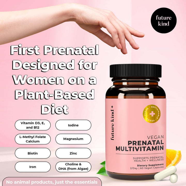 Vegan Prenatal Vitamin with DHA &amp; L-Methylfolate in Glass Bottle - Prenatal Folate Supplement for Women with Vitamin D &amp; E, Iron &amp; Biotin - Gluten-Free, Non-GMO (60ct)
