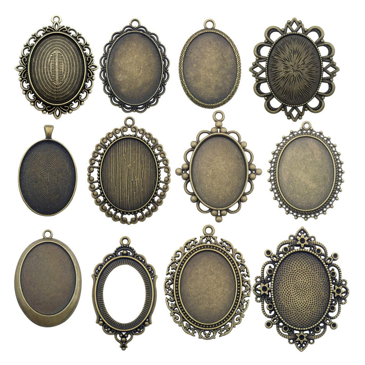 10 Pendant Trays, 30x40mm, Blank Oval Cabochons Base Setting Bezel Frame Metal Cameo for Photo Pendant Jewelry Making (Antique Bronze-HM277)