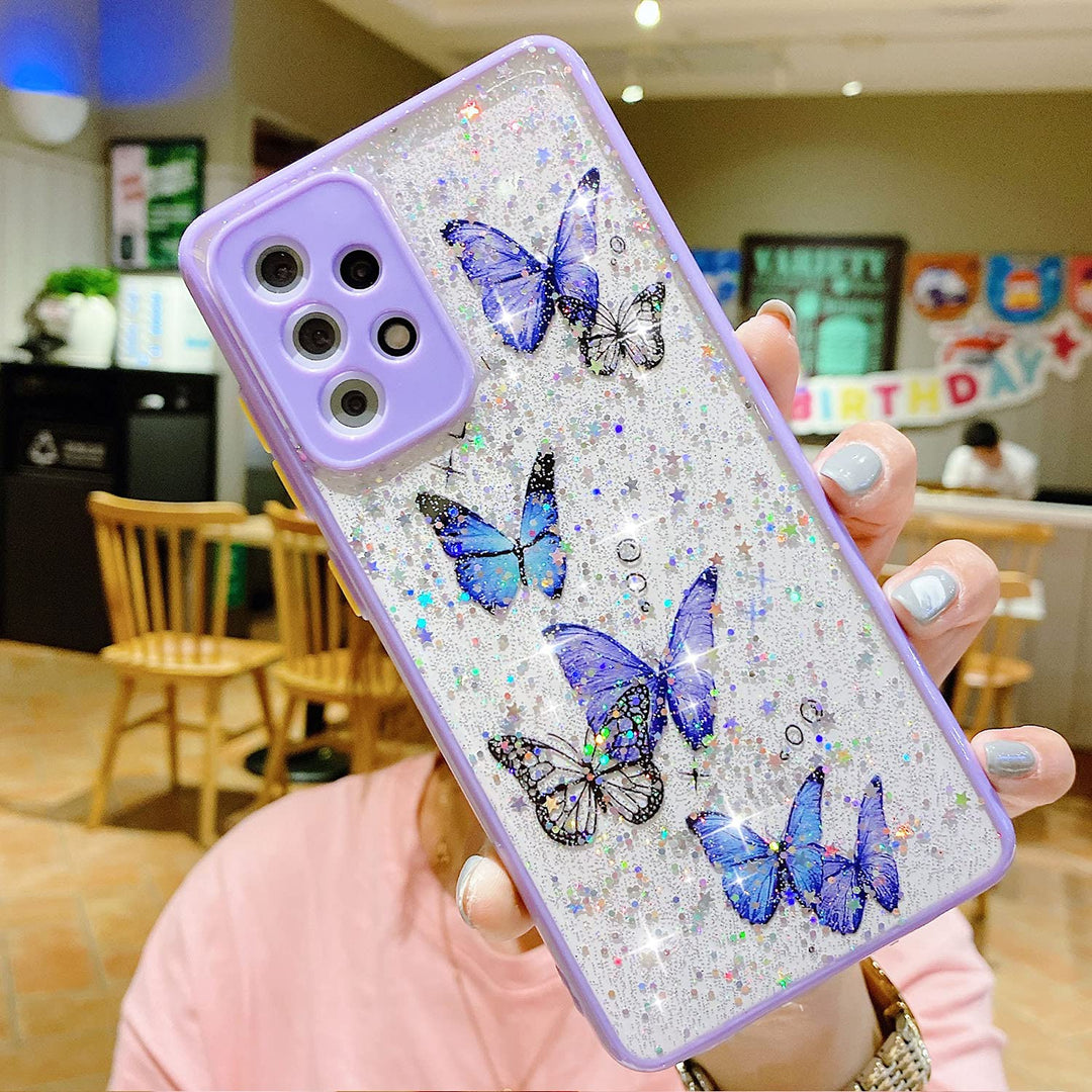 Compatible with Samsung Galaxy A52 4G/5G Case for Girls,Soft Slim Fit Full-Around Protective Cute Clear Sparkly Bling Star Butterfly Pattern Phone Case Glitter Cover for Samsung Galaxy A52 -Purple