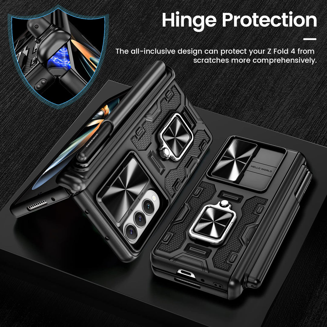 for Galaxy Z Fold 4 Case with S Pen Holder, [Hinge Protection][360°Ring Magnetic Kickstand][Slide Camera Cover][Front Screen Protector] Protective Armor Case for Samsung Galaxy Z Fold 4- Black