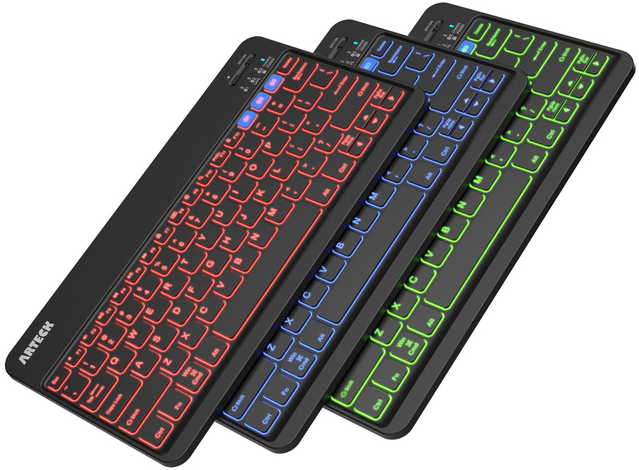 HB220B Universal Backlit 7-Colors & Adjustable Brightness Multi-Device Slim Portable Wireless Bluetooth 3.0 Keyboard for iOS, Android, Windows Tablet PC Smartphone Built in Rechargeable Battery