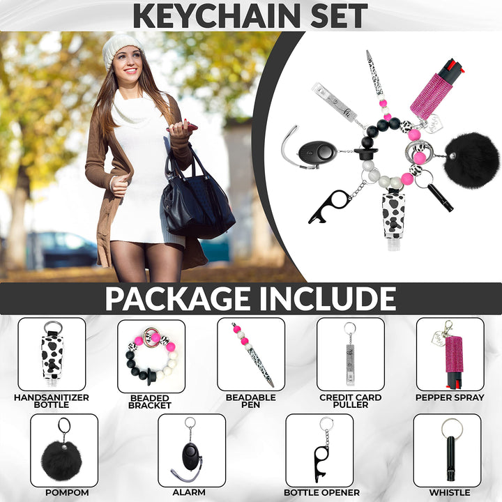 Safety Keychain Set for Women and Girls Including Beaded Wristlet, Air Tag, Credit Card Puller and Personal Alarm