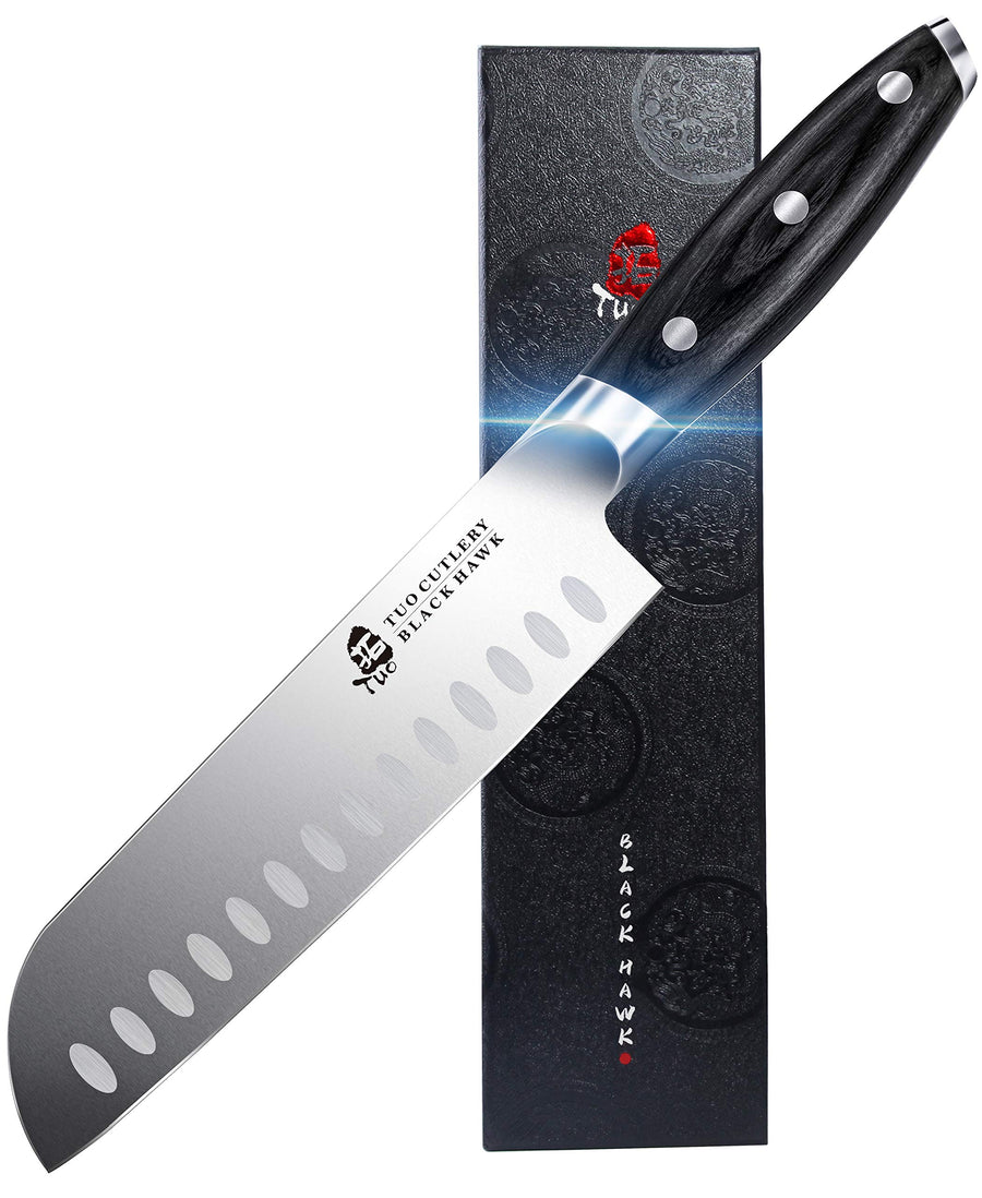 Santoku Knife-7 inch Santoku Chef Knife Kitchen Knives Ultra Sharp Asian Knife Japanese Chefs Knives - German HC Steel - Full Tang Pakkawood Handle - BLACK HAWK SERIES with Gift Box