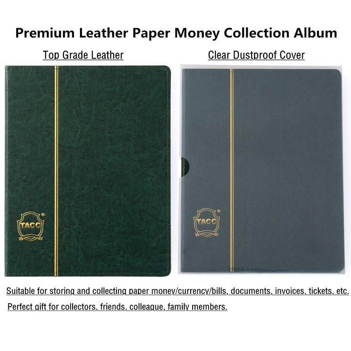 Leather 60-Pocket Paper Money Album Currency Holders for Collectors Collection Supplies Holder Book for Travel Bill Banknote Stamp Storage Display with 10 Collecting Pages (Green)