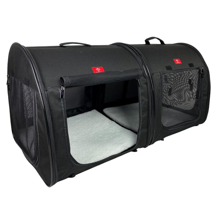 Portable 2-in-1 Double Pet Kennel/Shelter, Fabric, Black/Royal Blue 20x20x39 - Car Seat-Belt Fixture Included (Black)