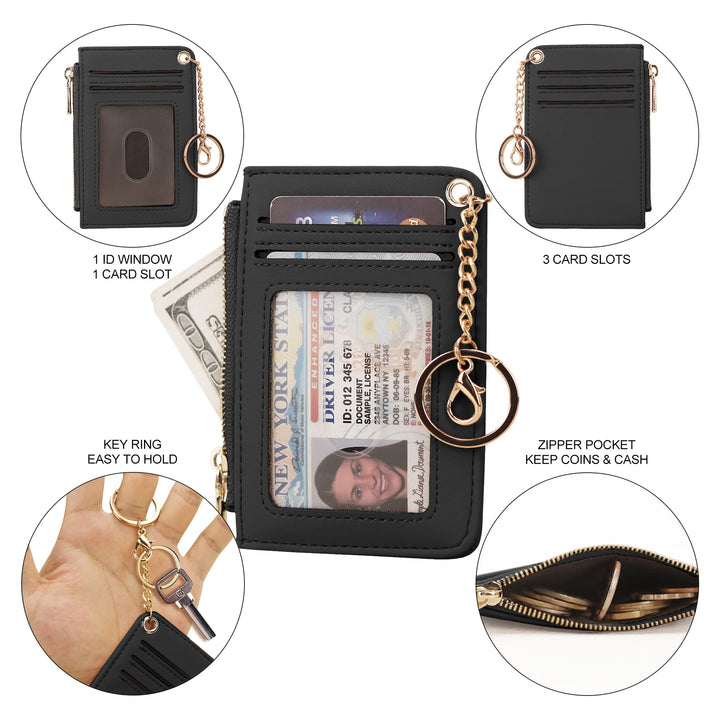 Womens Keychain Wallet Slim Front Pocket Minimalist RFID Blocking Credit Card Coin Change Holder Purse Wallet (Black Smooth)