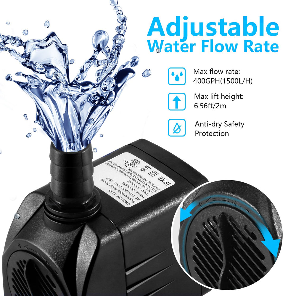 Fountain Pump, 400GPH Submersible , Durable 25W Outdoor Water Pump with 6.5ft Power Cord, 3 Nozzles for Aquarium, Pond, Fish Tank, Water Pump Hydroponics, Backyard Fountain