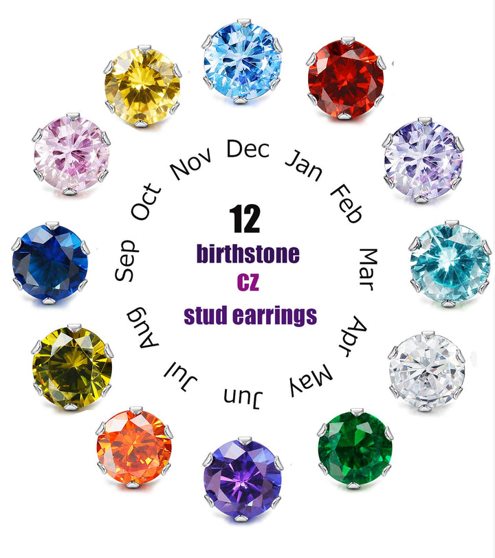 12 Pairs Stainless Steel Round Cubic Zirconia Birthstone Stud Earrings for Women 6mm