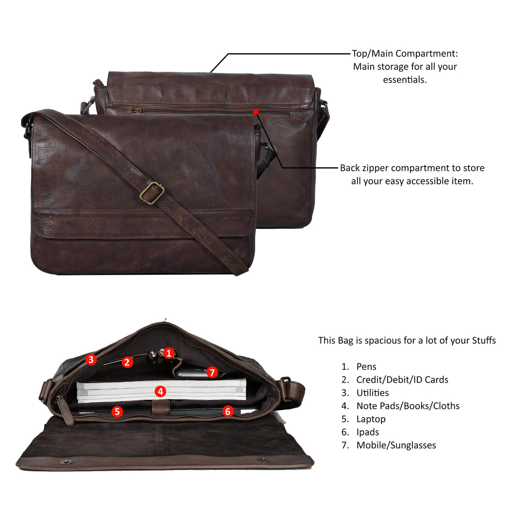 Handmade Crossbody Genuine Leather Messenger Bag for 17 inch Laptop, Travel, Office for Men &amp; Women