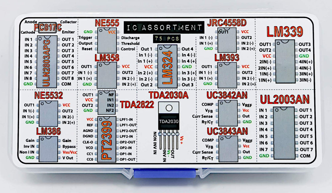 IC Assortment Box 75 pcs, PC817c, NE555, LM358, LM324, JRC4558D, LM393, LM339, NE5532, LM386, PT2399, TDA2822, TDA2030A, UC3842AN, UC3843AN, ULN2803APG, ULN2003AN and Sockets