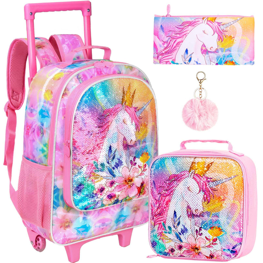 4PCS Kids Rolling Backpack for Girls, Unicorn Sequin Roller Wheeled Bookbag Toddler Elementary School Bag with Wheels