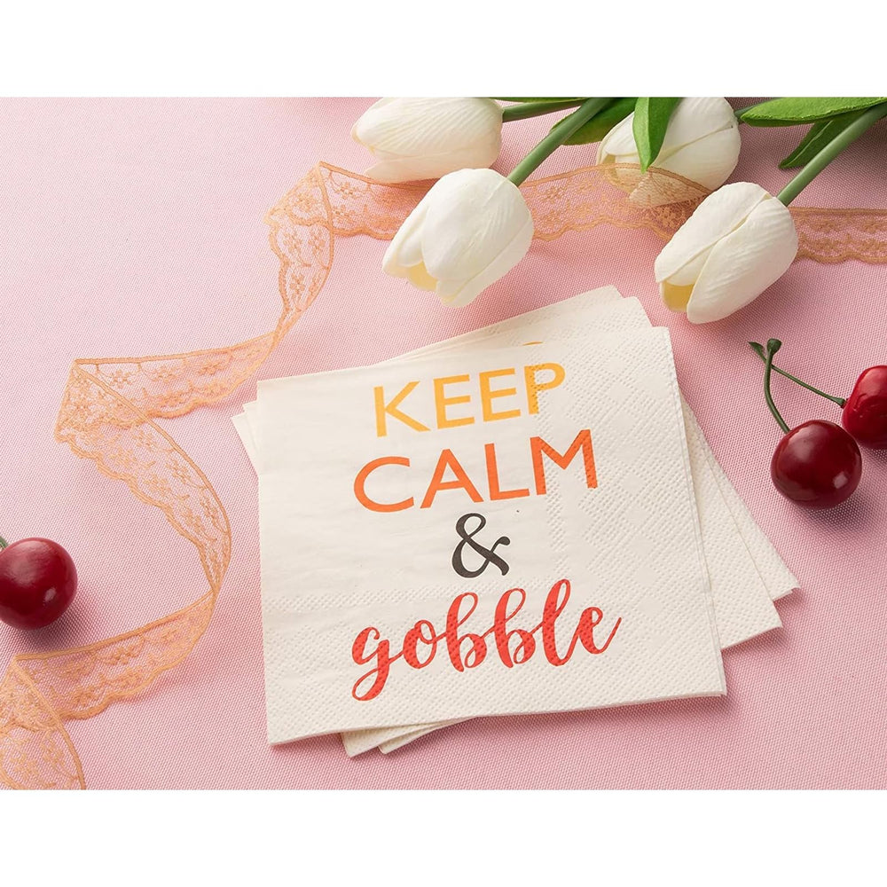 Cocktail Napkins - 100-Pack Disposable Paper Napkins, Autumn Thanksgiving Dinner Party Supplies, 3-Ply, Keep Calm and Gobble, White, Unfolded 10 x 10 Inches, Folded 5 x 5 Inches