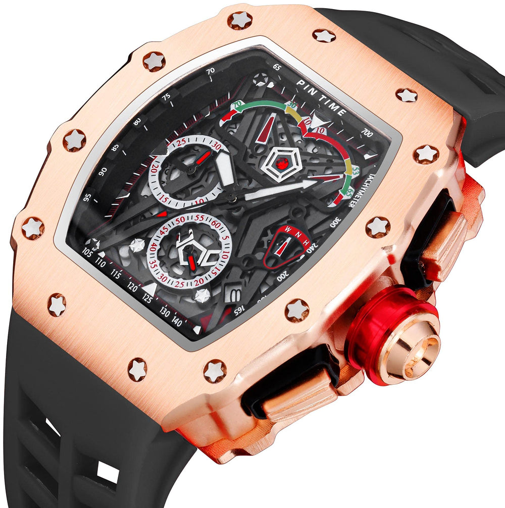 Mens Luxury Tonneau Square Watches Analog Punk Chronograph Unique Sports Wrist Watch Japanese Movement Luminous Design with Rubber Band (Rosegold Black)