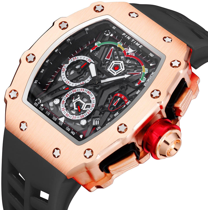 Mens Luxury Tonneau Square Watches Analog Punk Chronograph Unique Sports Wrist Watch Japanese Movement Luminous Design with Rubber Band (Rosegold Black)