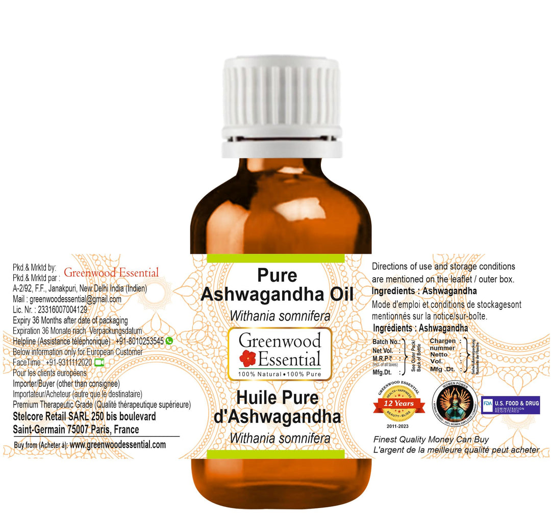 Deve Herbes Greenwood Essential Pure Ashwagandha Oil (Withania somnifera) Premium Therapeutic Grade for Hair, Skin & Aromatherapy 15ml (0.50 oz), Light Brown
