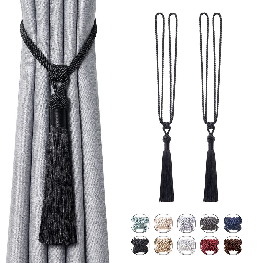 2 Pack Long Tassel Curtain Tiebacks Handmade Braided Rope Knot Drape Tie Backs European Style Decorative Curtain Holdbacks for Home & Office Window Drapery (Black)