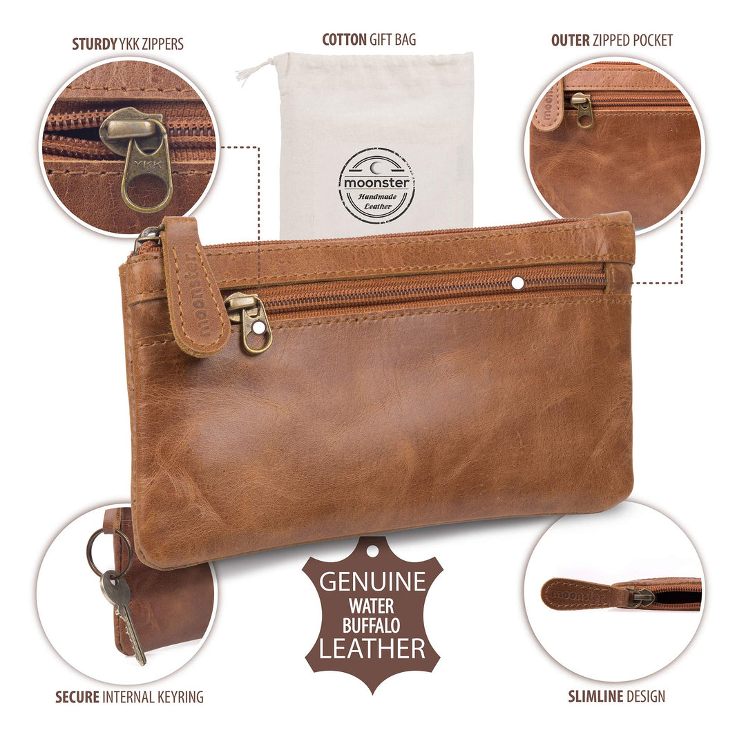 Leather Pencil Case Pouch, Handcrafted 8 x 4 Leather Pen Case with Zipper - Pencil Cases for Adults with Side Pocket - Leather Pencil Pouch Zippered Pen Bag - Light Brown