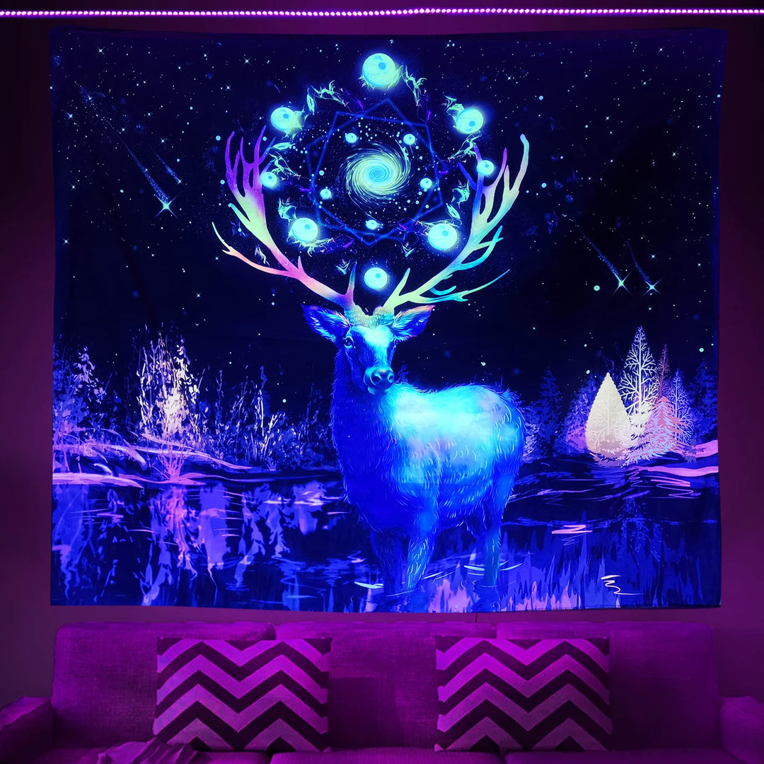 EKOFECK Blacklight Deer Tapestry, UV Reactive Stars Tapestry Glow in the Dark Party Backdrop, Black Light Magic Tapestries Wall Hanging for Bedroom Aesthetic Decor 60x51 Inch