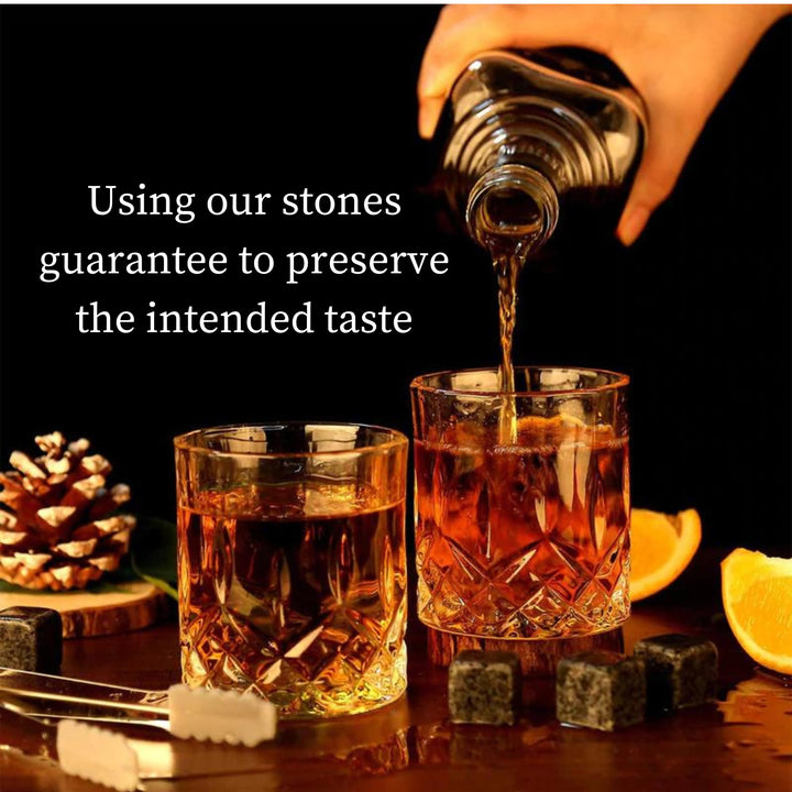 A&amp;A Wonders Premium Whiskey Stones 100% Natural Granite Set of 9 Chilling Rocks Stone Reusable Ice Cubes for Drinks with Velvet Carrying Pouch, Gift for Whiskey Lovers (9 Cubes)