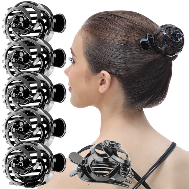 6 Pcs Womens Stylish Rose Dome Comb Clamp Shell Plastic No Slip Strong Secure Grip Side Slide Bun Maker Beauty Accessory Hair Clip, Medium Black