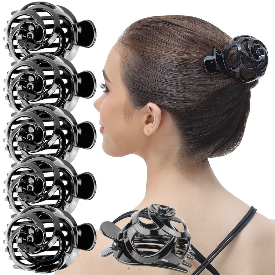6 Pcs Womens Stylish Rose Dome Comb Clamp Shell Plastic No Slip Strong Secure Grip Side Slide Bun Maker Beauty Accessory Hair Clip, Medium Black