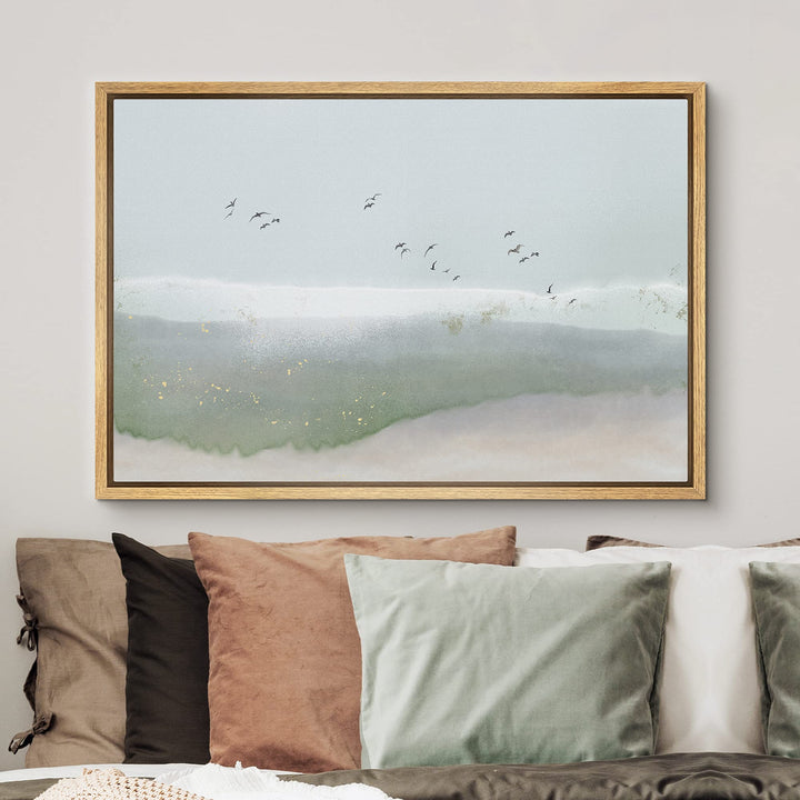 Framed Canvas Print Wall Art Gray &amp; Green Watercolor Sky with Birds Abstract Shapes Illustrations Modern Art Bohemian Scenic Colorful for Living Room, Bedroom, Office - 24x36 Natural